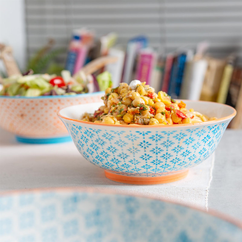 Nicola Spring - Hand-Printed Serving Bowls - 21.5cm - Orange/Blue - Pack of 2