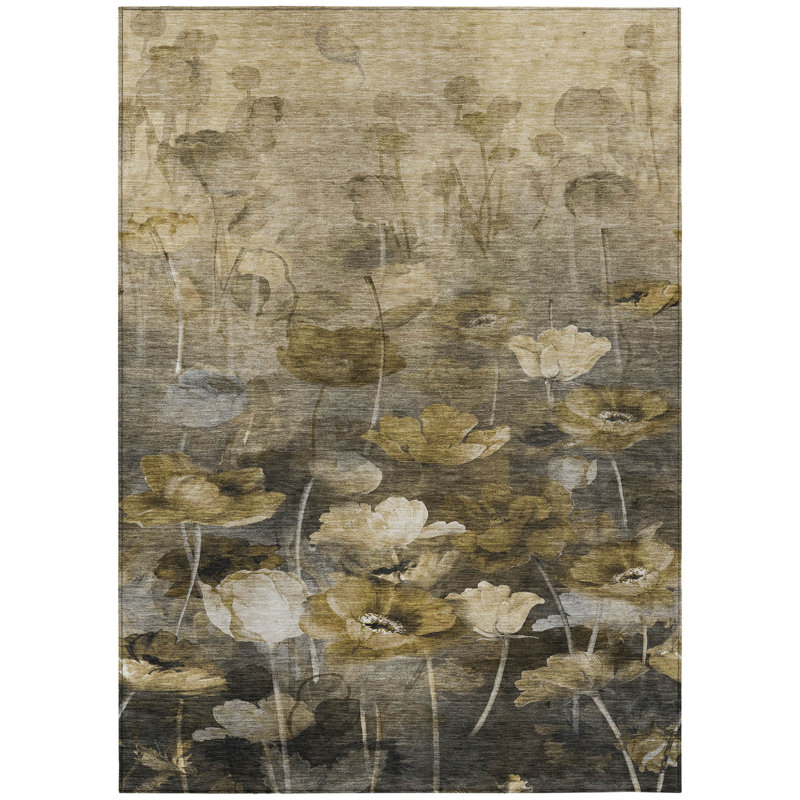 3' X 5' Beige And Tan Floral Washable Indoor Outdoor Area Rug