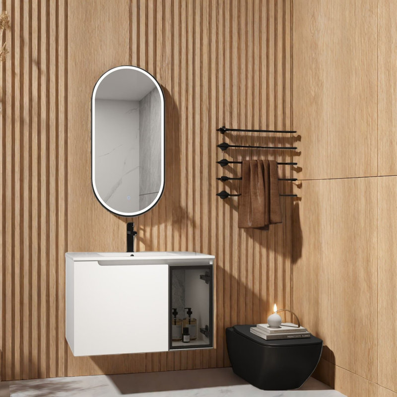 Meuble-lavabo mural moderne avec lavabo, blanc brillant et gris, compact pour salle de bain