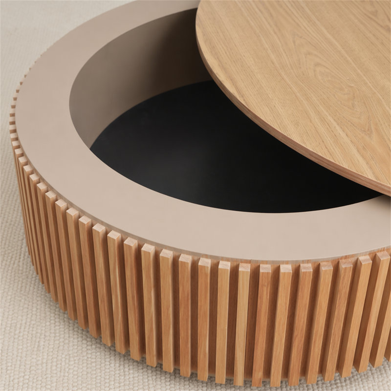 Table basse 31,5 "ronde avec rangement Table d'appoint moderne en placage de bois massif, Bois naturel