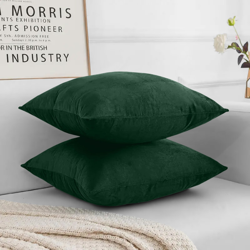 Square Luxury Velvet plush Cushion cover sofa throws Pack of 2, Dark Green