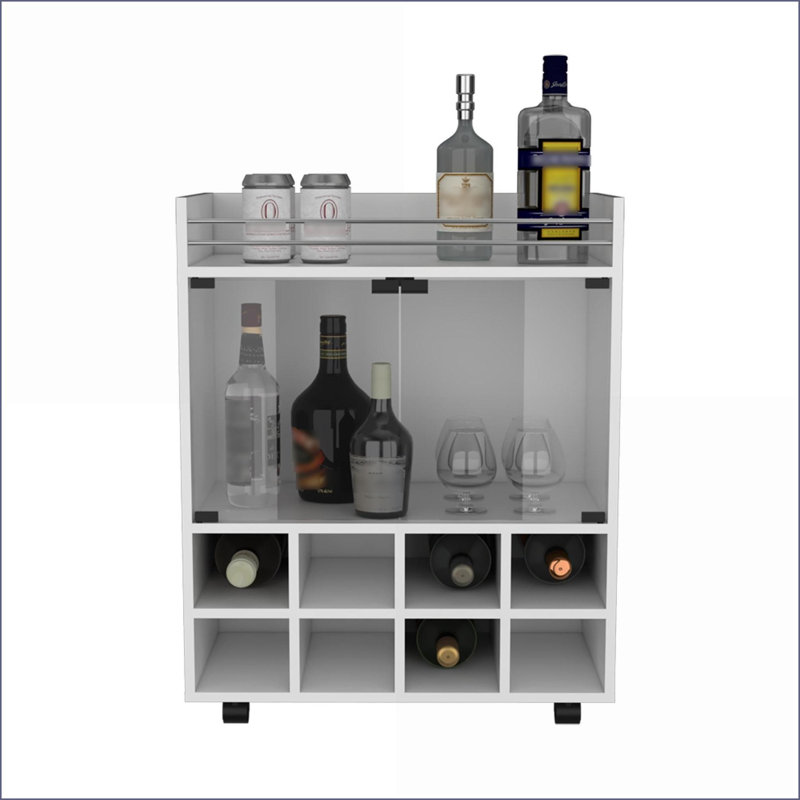Chariot-bar avec porte-bouteilles & amp; Portes de verre modernes | Blanc neige | Bois d'ingénierie