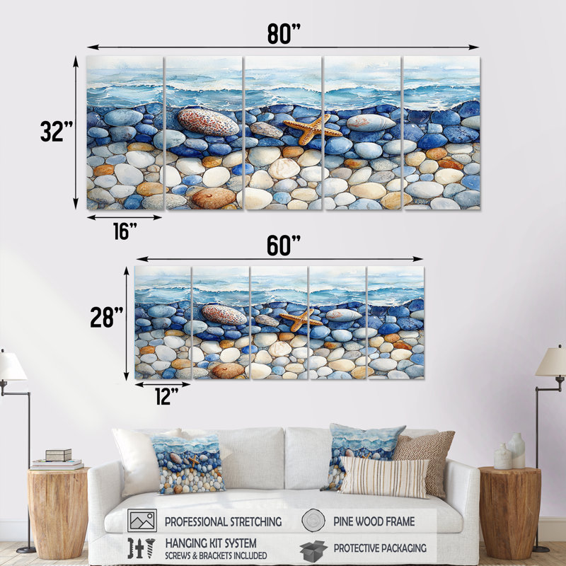 Ensemble de décorations murales coquillages côtiers en bleu et blanc III, H 32 po x l 80 po