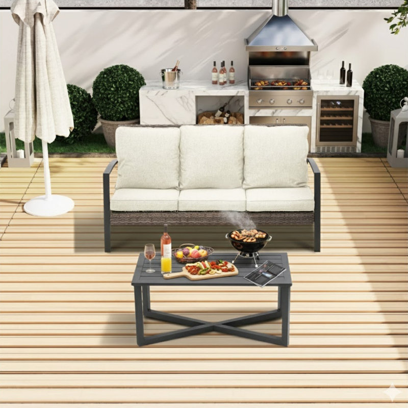 Ensemble de conversation de patio en osier 2 pièces avec coussins beiges et table basse, Beige