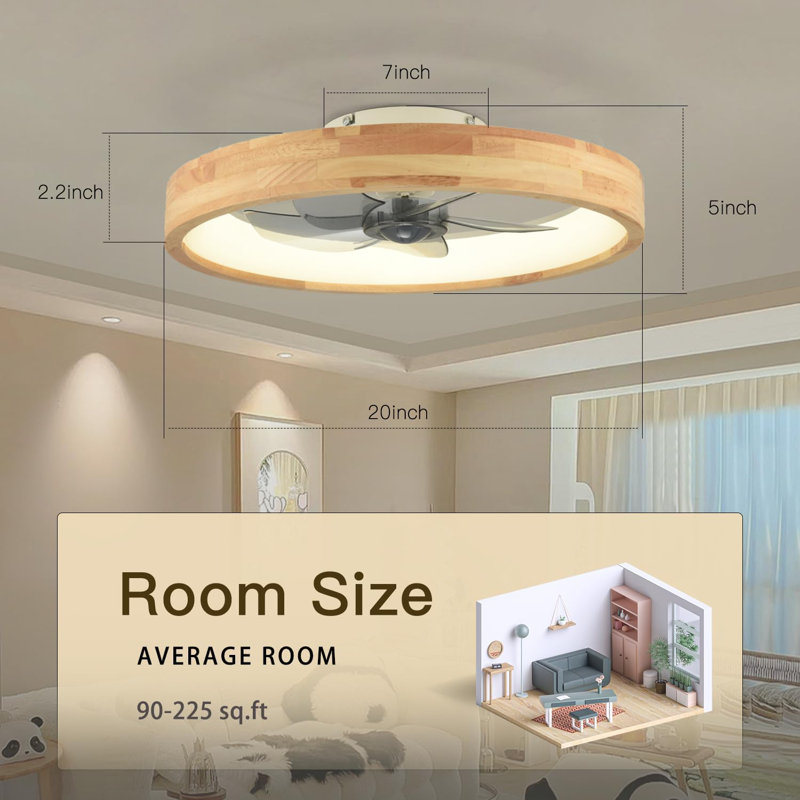 20” Ceiling Fan with Light, Dimmable LED Timing with Remote Control And app, 5 Invisible Reversible Blades Semi Flush Mount Low Profile Wooden Design for Bedroom/Kids Room/Living Room/Dining Room
