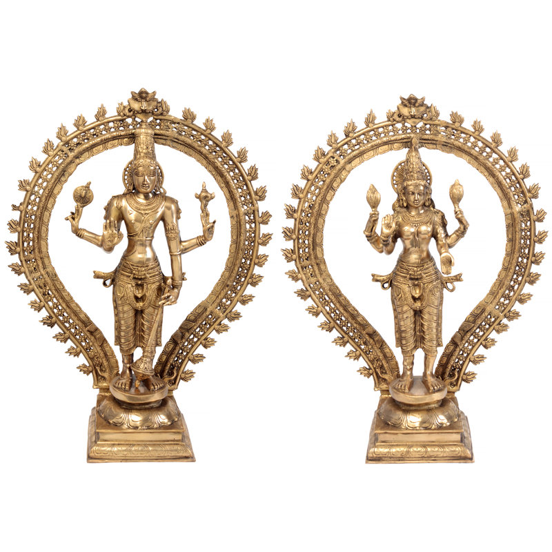 31.8" Handmade Brass Lakshmi Narayan Statue Set – Large Standing Vishnu & Lakshmi Idol Pair
