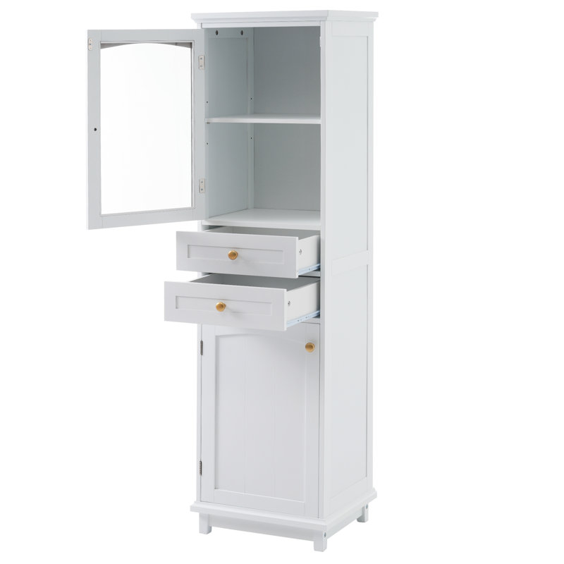 63" Tall White MDF Bathroom Storage Cabinet, Free-Standing, Glass Doors, Two Drawers, Adjustable Shelves | Gift Idea