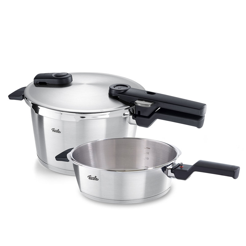 Fissler Vitaquick® Premium 2-piece set, 2.6 Quart Pressure Skillet Set and 4.8 Quart Pressure Cooker, 14.4" W x 14.4" D