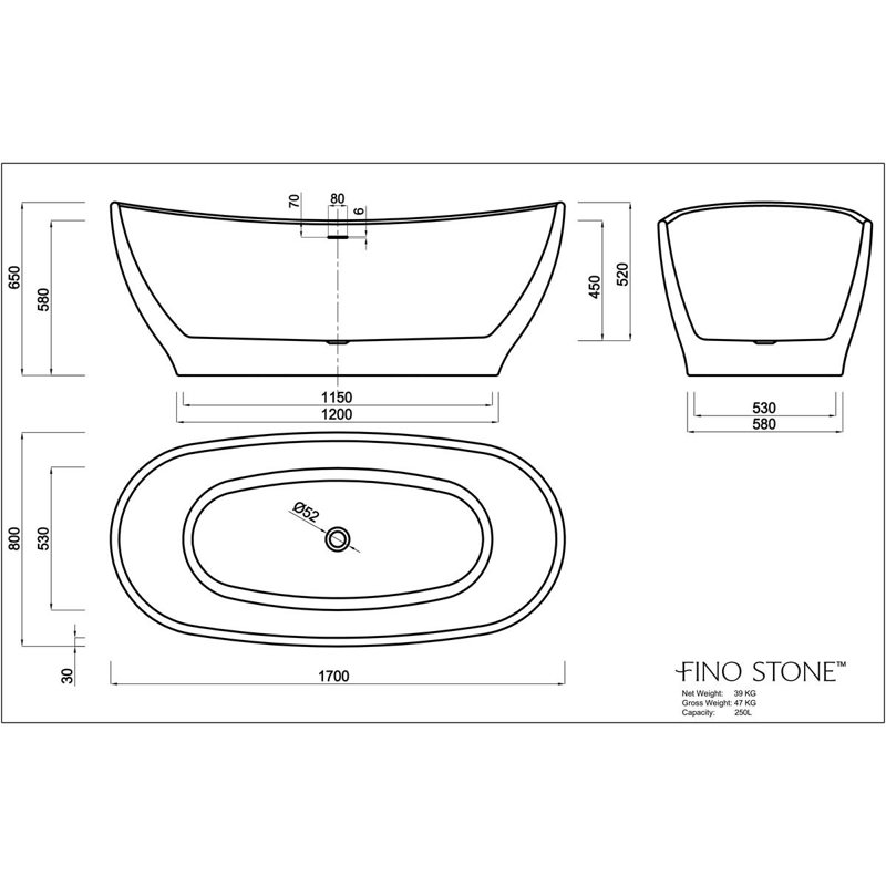 1700mm x 650mm Freestanding Acrylic Bathtub