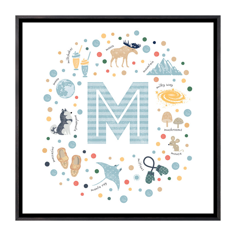 Lettre illustrée M bleue - impression, H 18 po x l 18 po x 1,5 po, Toile avec cadre noir patiné, Pas de tapis