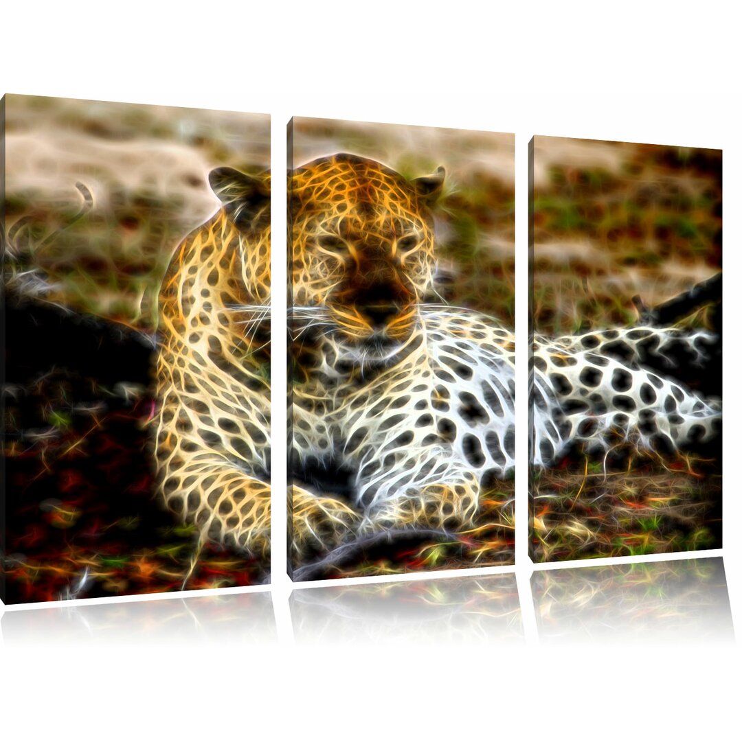 3-tlg. Leinwandbilder-Set „Liegender Leopard im Laub“, Grafikdruck