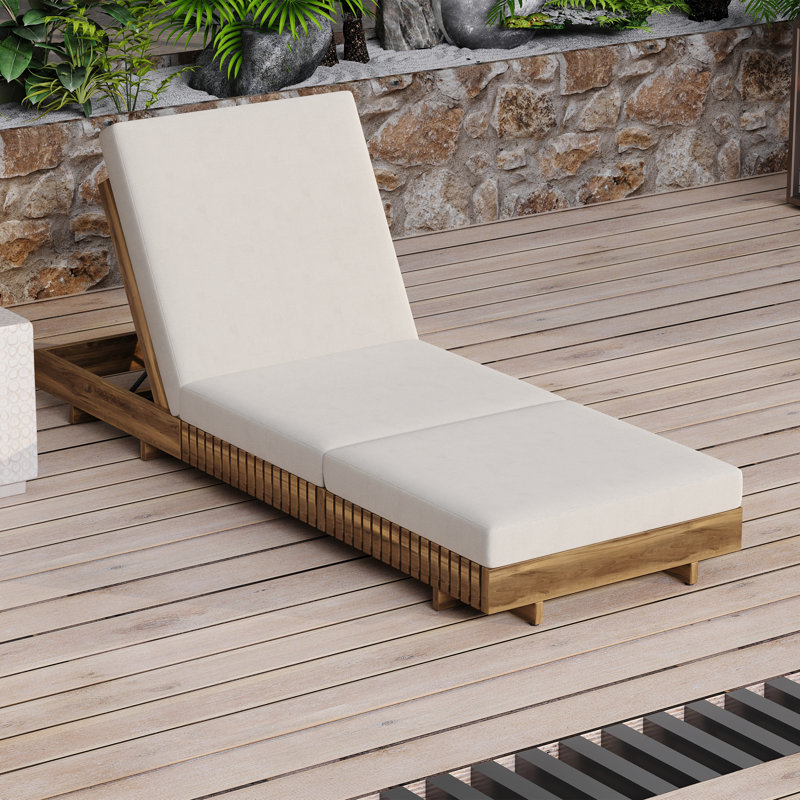  Outdoor Chaise Lounge with 6-Position Backrest, Acacia Solid Wood Recliner for Patio, Teak