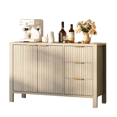 Buffet cannelé avec portes et tiroirs, armoire de rangement moderne pour salle à manger, 3 tablettes réglables, finition chêne naturel, crédence de salon, couloir