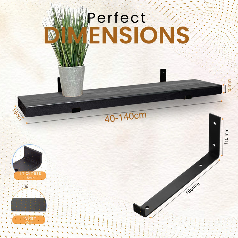 Unique Wood Bracket Shelf, 4.5cm H x 100cm W x 15cm D, Black
