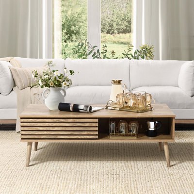 Kristepher Mid-Century Modern Rectangular Coffee Table with Sliding Door and Storage