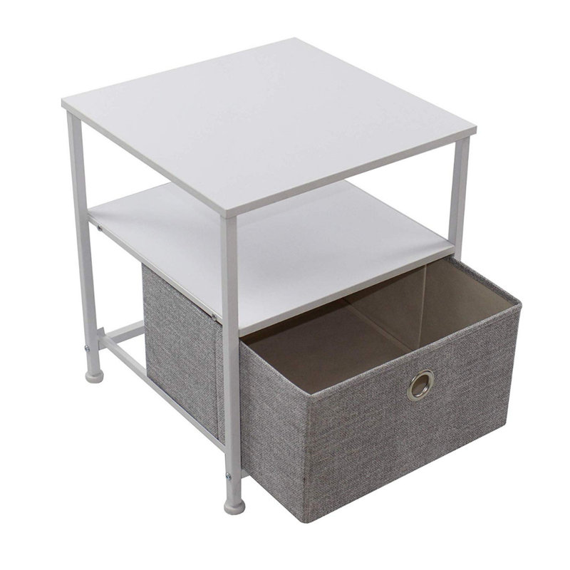 White Metal and Fabric 1-Drawer End Table with Shelves