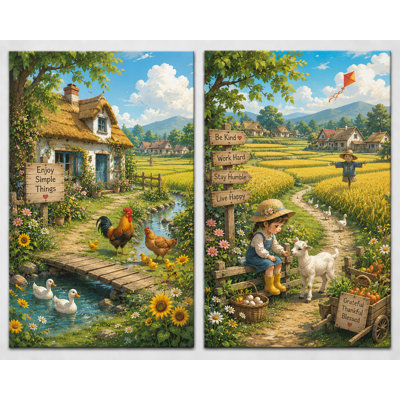 Grand ensemble de 2 reproductions d'art sur toile de style campagnard rustique, charmante maison de campagne pour une impression sur toile 16 x 24 pouces - prête à être accrochée