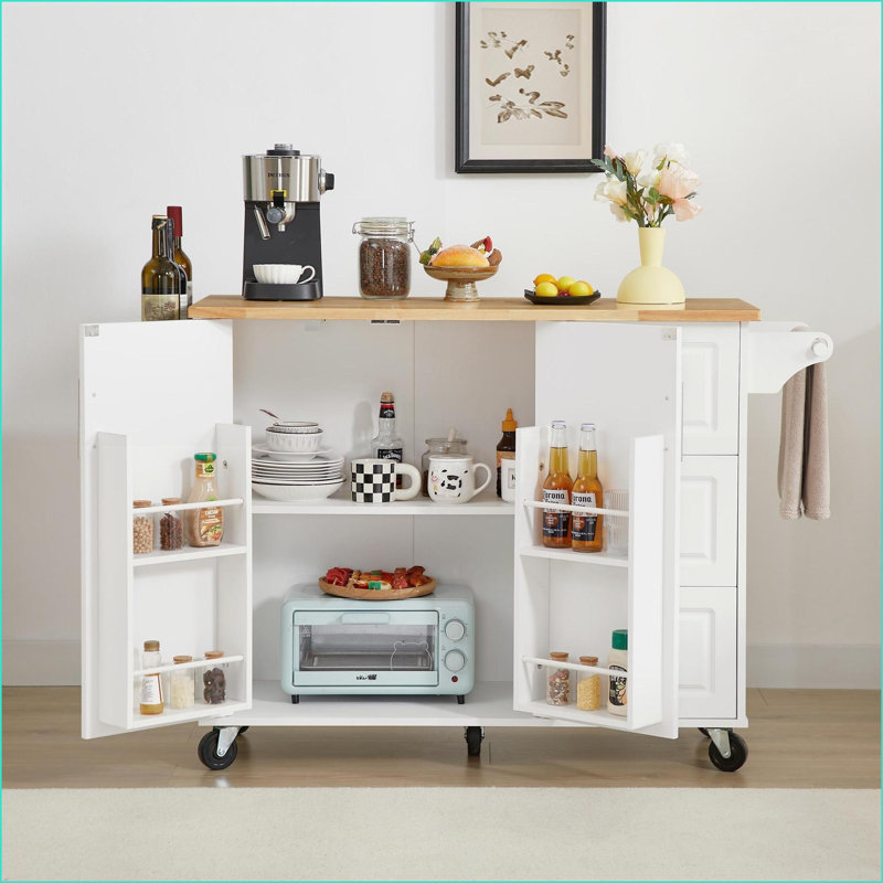 Kitchen Island Cart, Farmhouse Rolling with Drop Leaf, Rubberwood Top, Snow White + Oak | Medium (40-55in) | Rectangular
