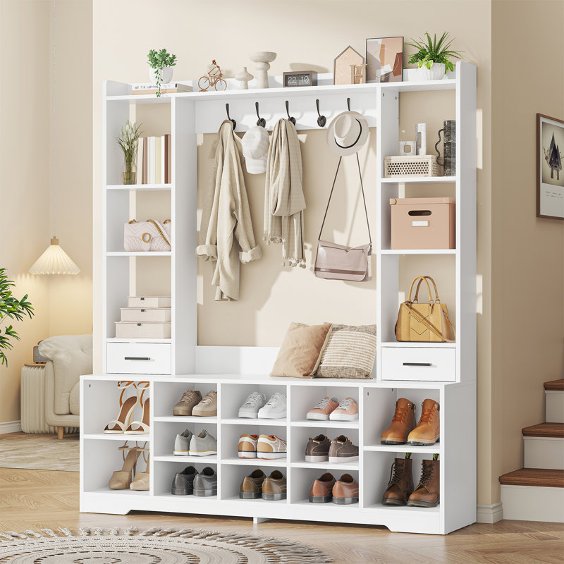 6-In-1 Entryway Hall Tree With Shoe Bench, 13 Cubbies & 2 Drawers, Multi-Functional Storage Organizer For Entryway, Hallway, And Mudroom