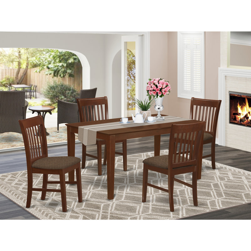 5 Piece Kitchen Table & Chairs Set Includes a Rectangle Dining Room Table and 4 Linen Fabric Upholstered Dining Chairs, 36x60 Inch, Mahogany