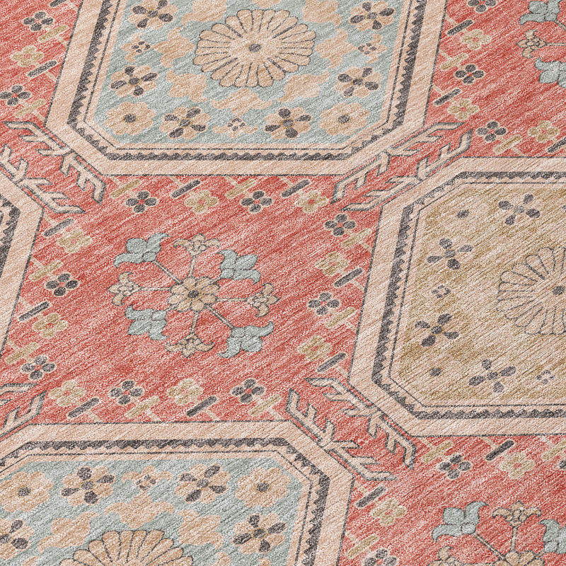 Salmon and Beige Machine Washable Rectangular Rug