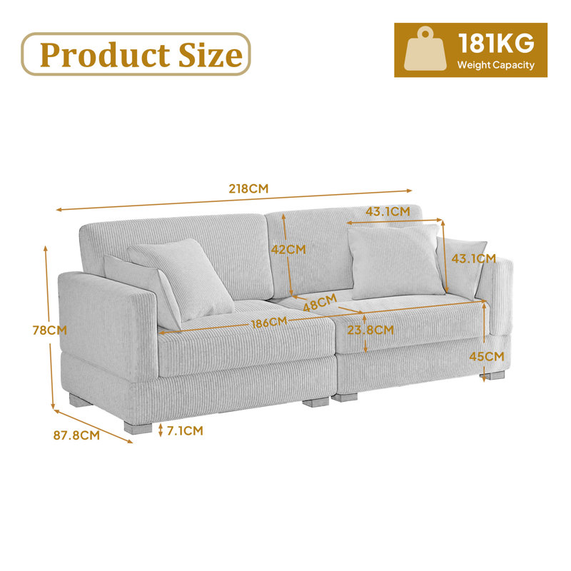 Bentura 217.7Cm Flared Arms Sofa, Light Grey