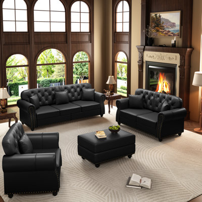 4-Piece Mid-Century Modern Chesterfield Living Room Set Upholstered Faux Leather Furniture Set