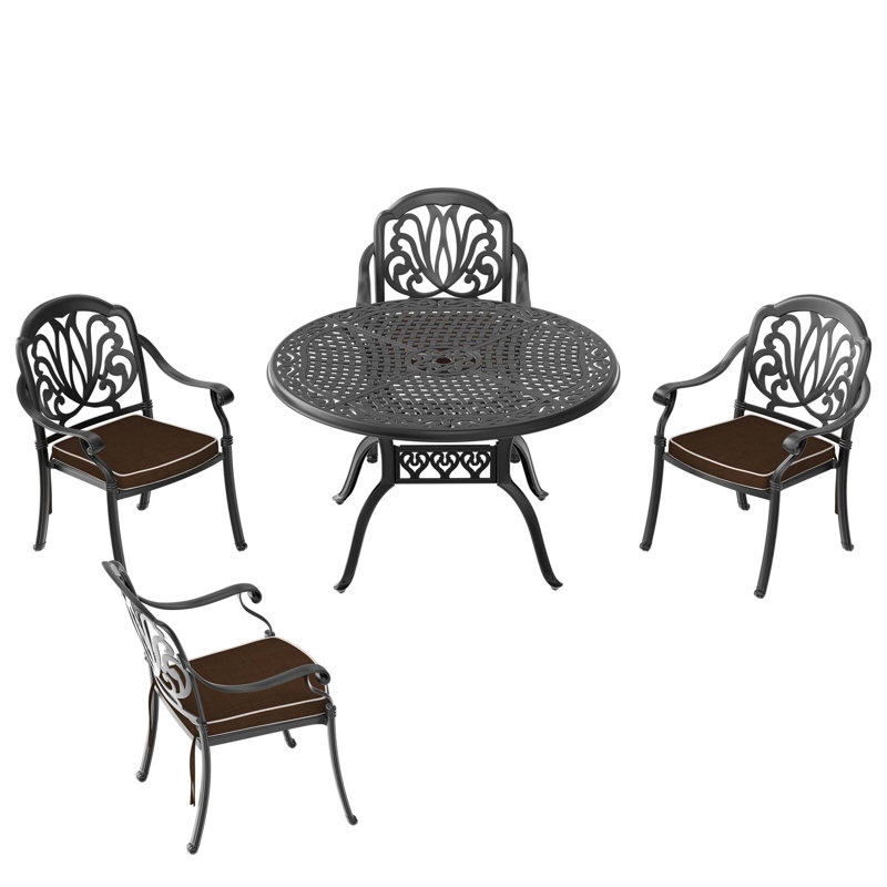 5-Piece Cast Aluminum Patio Furniture Set With Black Frame And Brown Seat Cushions, 4