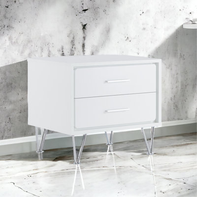 Table blanche avec 2 tiroirs et cadre en bois, pieds en métal rectangulaires blancs,