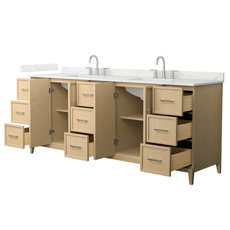 Elan 84'' Double Bathroom Vanity with Quartz Top, Tan, 8" Center, Brushed Nickel