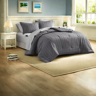 Premium 7-piece Cal King Bedding Set, Charcoal Polyester With Woven Stripes For Modern Style