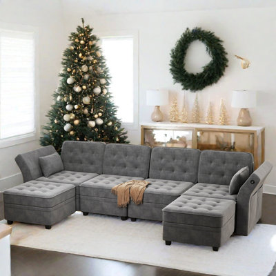 Ebern Designs U Shaped Sectional Couch With Reversible Chaise Velvet 6-Seater Sectional Couch