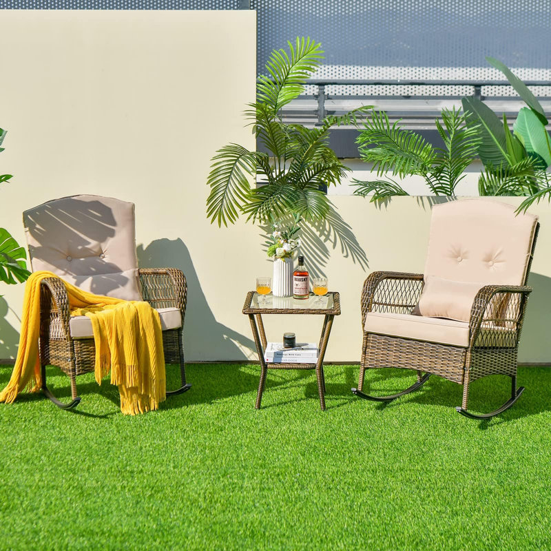 Patio Rattan Rocker Chair with Thick Cushion and High Back for Garden Backyard Porch, Beige Wood