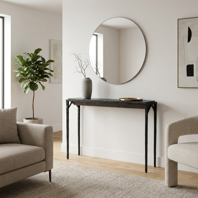 Contemporary Slim Marble And Aluminum Console Table For Entryway Feature Item - Minimalist Sofa Accent Display For Narrow Hallway Use - 49", Black