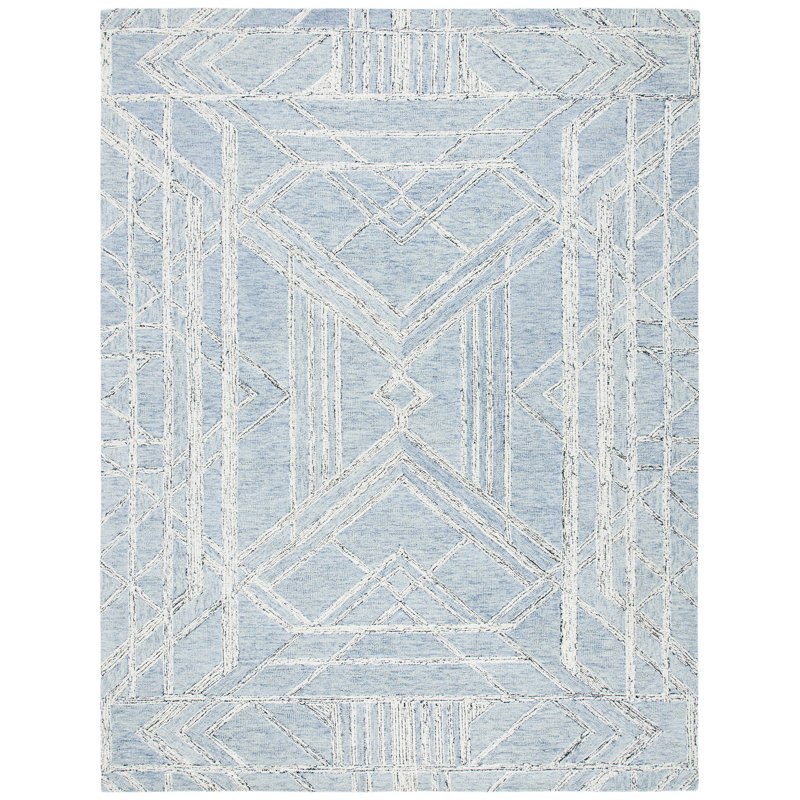Rosalind Geometric Handmade Tufted Wool and Cotton Light Blue/Ivory Area Rug, Rectangle 8' x 10'