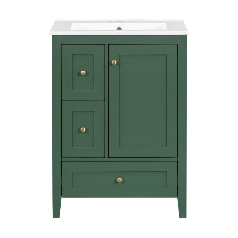 Meuble-lavabo 24 po avec lavabo en céramique, Vert foncé / or
