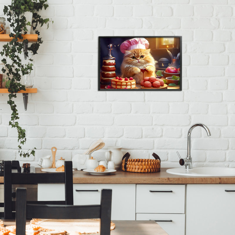 Estampe numérique Fluffy Baker Cat, conçue par Image World, H 12 po x l 18 po, Giclée encadrée noir minuit