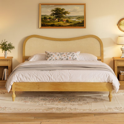 King Platform Bed Frame with Rattan Headboard, Mid Century Modern, No Box Spring, Natural