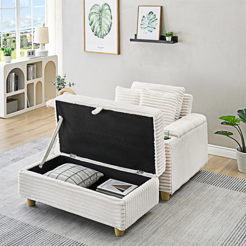 Canapé rembourré avec coussins, repose-pieds et espaces de rangement, Blanc