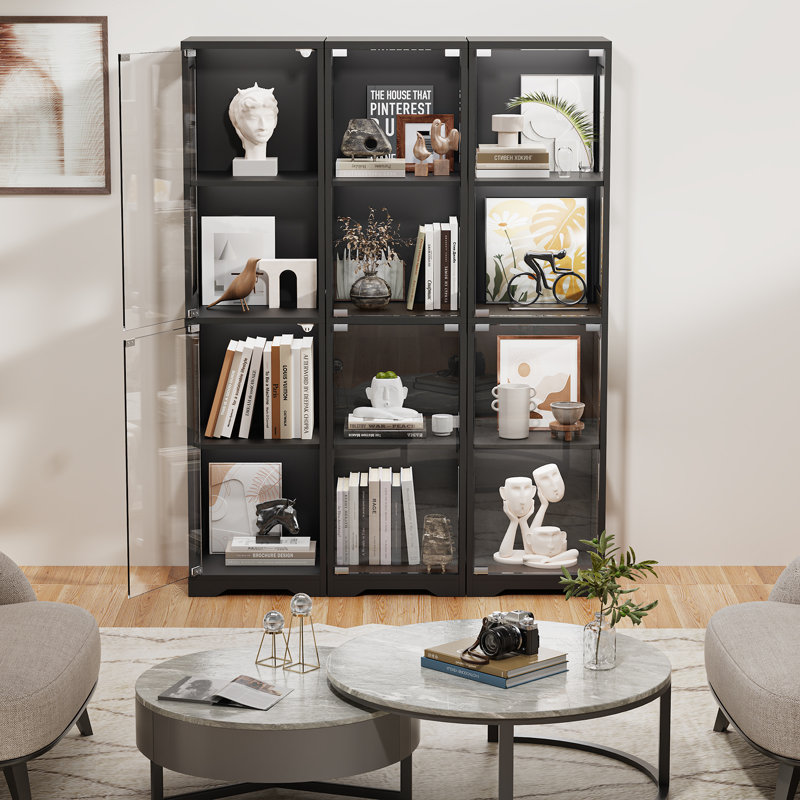 Glass Display Cabinet, 4-Tier Curio Cabinet with 3 Color Lights for Collectibles, Bookshelf with Door, Glass Display Case with Human Body Sensor, Black