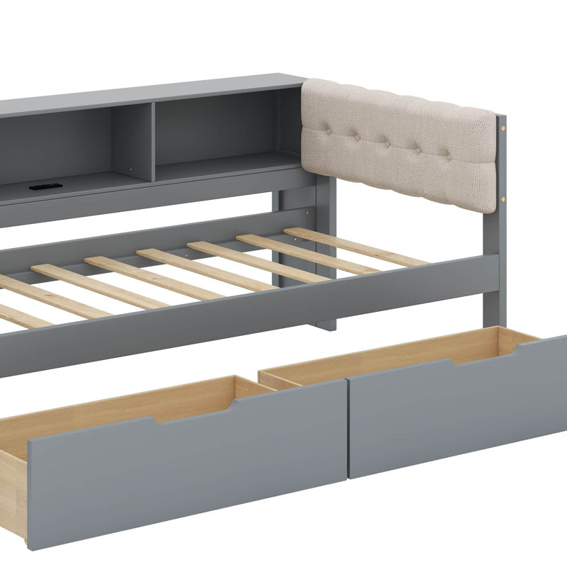 Lit plateforme simple en bois avec tablettes, tiroirs, station de charge et tête de lit tapissier, Lit simple, Gris