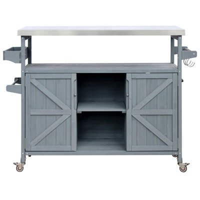 Îlot de cuisine extérieur, chariot à roulettes et armoire de rangement, table de barbecue d'extérieur en bois massif avec plateau en acier inoxydable, support à épices, support à serviettes pour la cuisine et le barbecue
