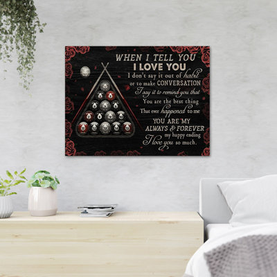 Boules de billard sur fond de roses - When I Tell You I Love You - 1 pièce, reproduction d'art graphique sur toile tendue