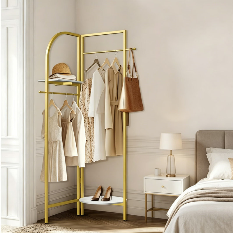 Heavy Duty Corner Golden Metal Clothing Racks Freestanding Clothes Racks Coat Rack With 2 Shelves Angle Adjustable Design Unique Garment Racks Display Racks For Hanging Clothes