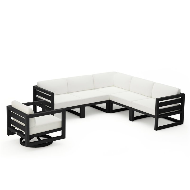 Ensemble modulaire 6 pièces avec pivot Rugiatu, Noir, Toile Sunbrella® naturel