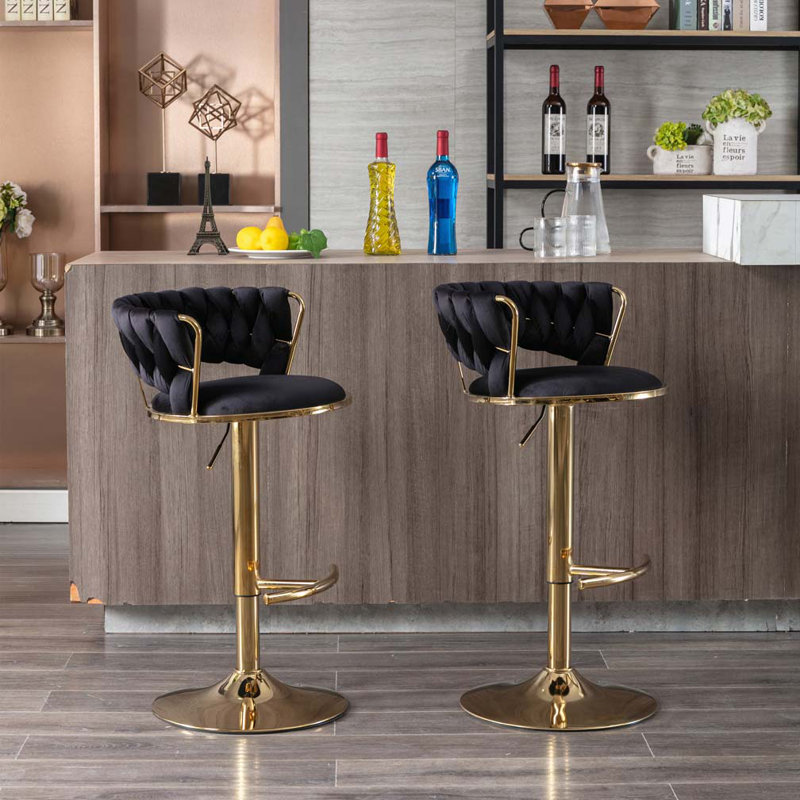 Adjustable  Swivel Fabric Upholstered Chrome Bar Stools Set with Back and Footrest, Black