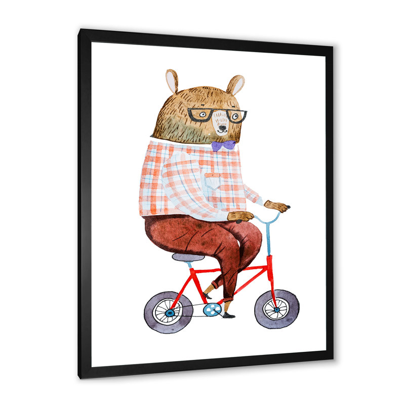 Dessin animé ours sur un vélo - Art mural pour enfants, décoration murale, Cadre photo noir, H 20 po x l 12 po x P 1 po