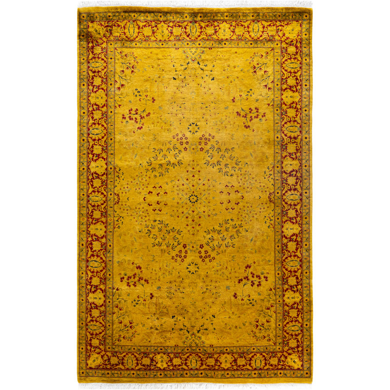 Tapis doré moderne en laine noué à la main Conte 4 pi 8 po x 7 pi 3 po Conte
