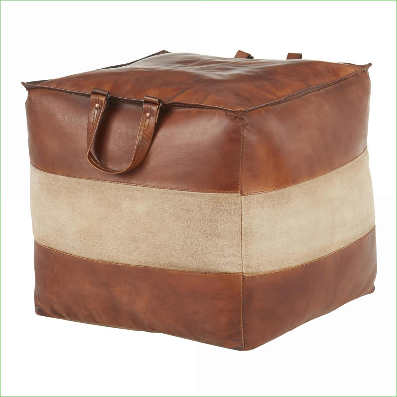 Ottoman Pouf with Handles, Industrial Walnut Brown Leather & Tan Brown Canvas by LumiSource | Walnut Brown | Tan Brown