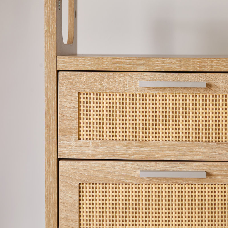 Tables de chevet modernes avec 2 tiroirs, poignées en métal doré, Bois naturel